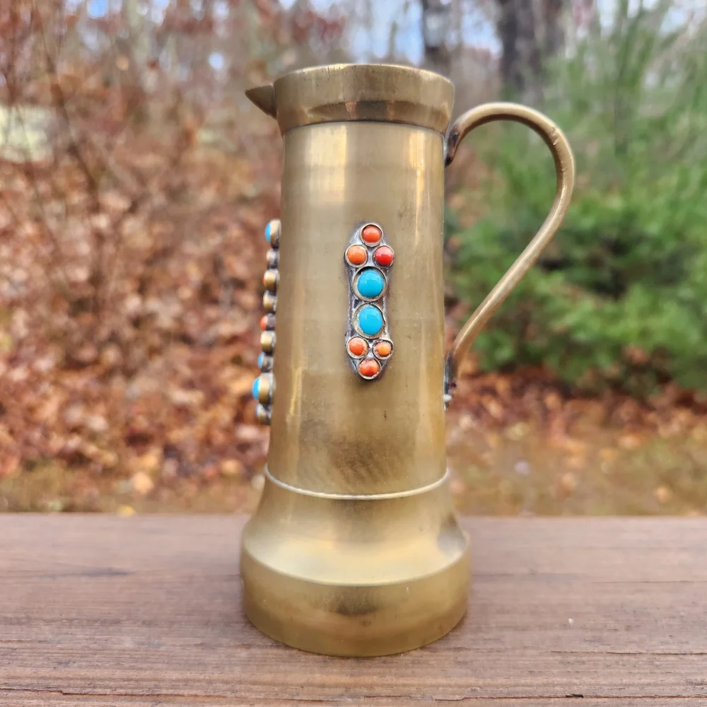 Vintage Brass Pitcher with Turquoise, Red And Black Stones